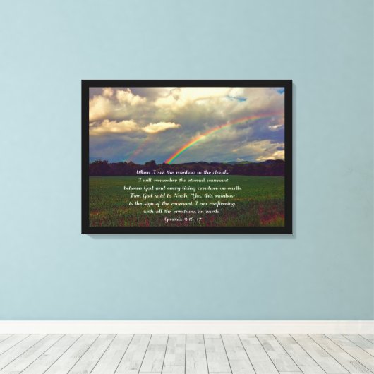 Mooie Regenboog met Bijbelvers Canvas Afdruk (Insitu (Houten vloer))