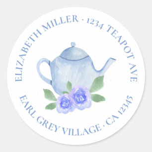Mooie retouradres waterverf blauwe theepot ronde sticker