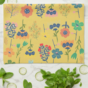 Mooie retro bloempatroon mosterd Roze Groen Theedoek
