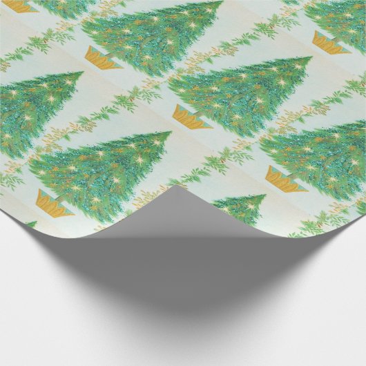 Mooie Retro Kerstboom Goud Witte Sterren Cadeaupapier (Hoek)