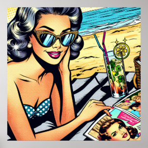 Mooie Retro Lady aan het strand met Cocktail Poster