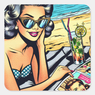 Mooie Retro Lady aan het strand met Cocktail Vierkante Sticker