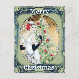Mooie Retro Lady en Kerstboom Feestdagenkaart