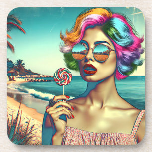 Mooie Retro Pop Art Vrouw met Lolly Bier Onderzetter