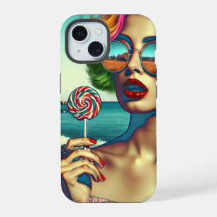 Mooie Retro Pop Art Vrouw met Lolly iPhone 15 Hoesje
