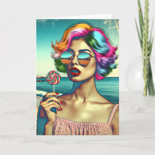 Mooie Retro Pop Art Vrouw met Lolly Kaart