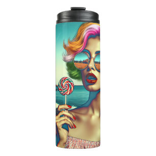 Mooie Retro Pop Art Vrouw met Lolly Thermosbeker