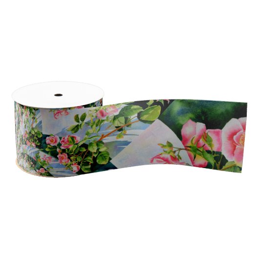 Mooie retro roze rode rozen waterverf bloemenmolen grosgrain lint (Spoel)