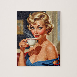Mooie retro vrouw met een kopje koffie legpuzzel
