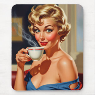 Mooie retro vrouw met een kopje koffie muismat