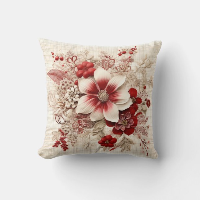 Mooie rode en witte bloemen gelegd kussen (Voorkant)