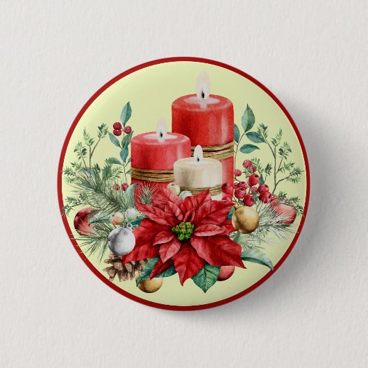 Mooie rode en witte kaarsen & poinsettias ronde button 5,7 cm (Voorkant)