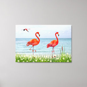 Mooie Rode Flamingo's bij Witte Bloemen Canvas  Afdruk