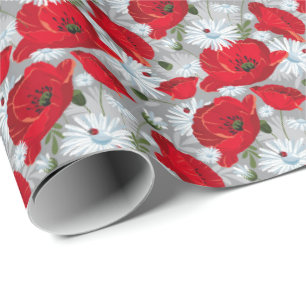 Mooie rode papaver, witte madeliefjes en lieveheer cadeaupapier