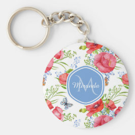 Mooie rode papavers met blauwe vlinders en naam sleutelhanger