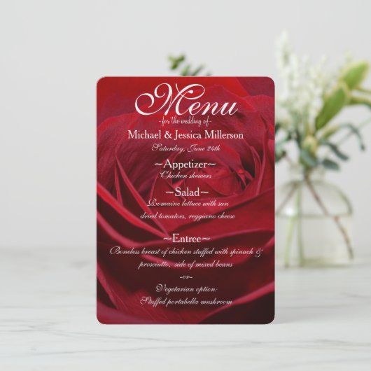 Mooie rode roos bruiloft menu (Staand voorkant)