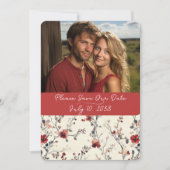 Mooie rode & roze elegante bloemstukken save the date (Voorkant)