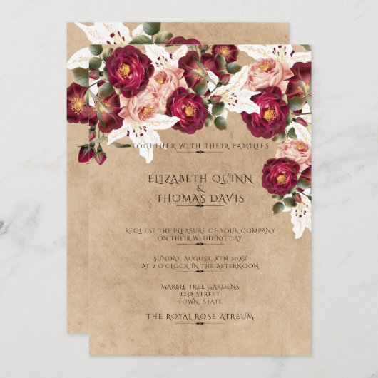 Mooie rode roze rozen witte lilies bruiloft kaart (Voorkant / Achterkant)