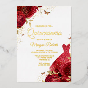 Mooie rode rozen en dress Gold Foil Quinceanera Folie Uitnodiging