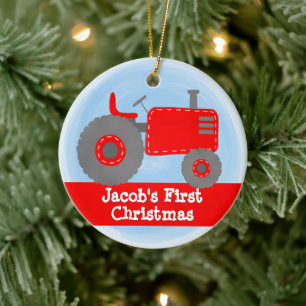 Mooie Rode Tractor Baby's Eerste Kerstmis Aquarel Keramisch Ornament