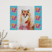 Mooie Rode Vos Dier Teal Roos Rozens Poster (Keuken)