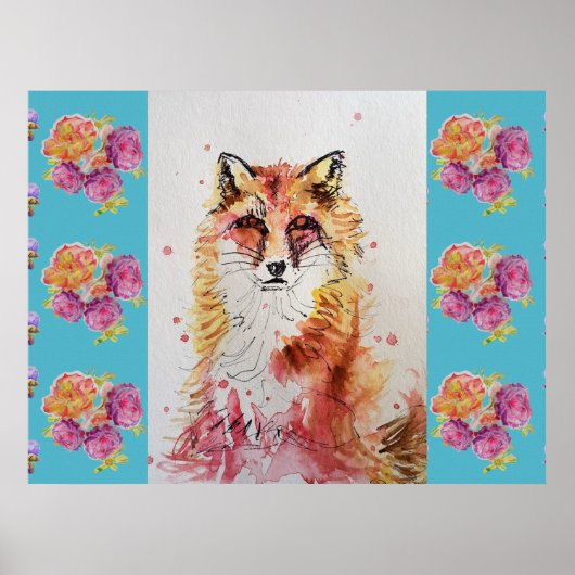 Mooie Rode Vos Dier Teal Roos Rozens Poster (Voorkant)