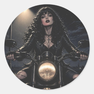 Mooie Romantische Gotische Vrouw op Motorfiets Ronde Sticker