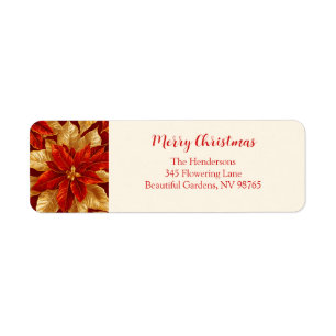 Mooie  Rood Goud Poinsettias Kerst Etiket