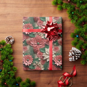 Mooie Rood Groen en Wit 3D Poinsettias Cadeaupapier