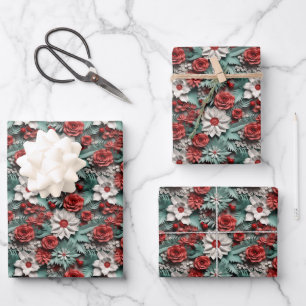 Mooie Rood Wit en Groen 3D Poinsettia Inpakpapier Vel