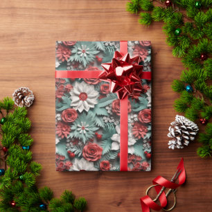 Mooie Rood Wit en Groen 3D Poinsettias Cadeaupapier