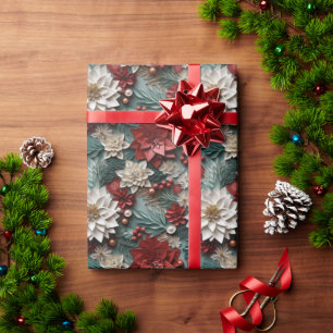 Mooie Rood Wit en Groen 3D Poinsettias Cadeaupapier