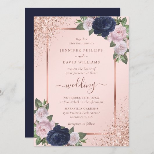 Mooie Roos Gold Navy Blue Blush Bloemen Huwelijk Kaart (Voorkant / Achterkant)