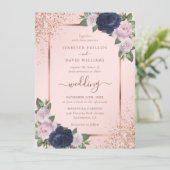 Mooie Roos Gold Navy Blue Blush Bloemen Huwelijk Kaart (Staand voorkant)