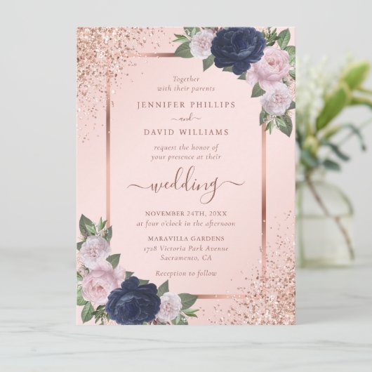 Mooie Roos Gold Navy Blue Blush Bloemen Huwelijk Kaart (Staand voorkant)