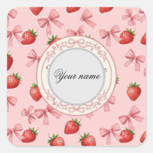 Mooie Roze Aardbei en Strikken Patroon Aangepaste Vierkante Sticker