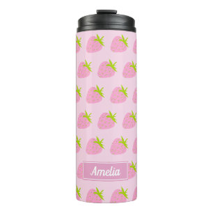 Mooie Roze Aardbei Patroon Met Naam Thermosbeker