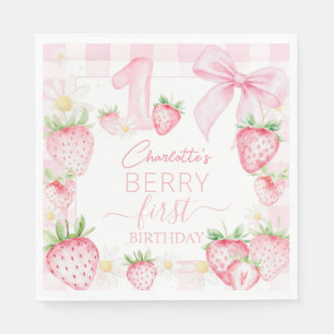 Mooie Roze Aardbeien Eerste Verjaardag Servet