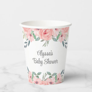 Mooie Roze Aquarel Bloemachtige Baby Meisje Shower Papieren Bekers