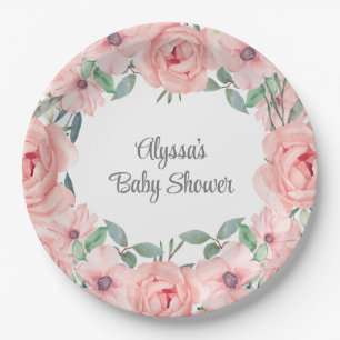 Mooie Roze Aquarel Bloemachtige Baby Meisje Shower Papieren Bordje