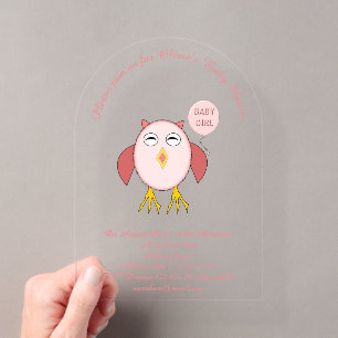 Mooie Roze Baby Meisje Uil Aangepaste Baby Shower Acryl Uitnodigingen