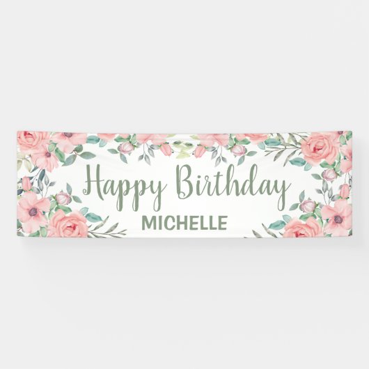 Mooie Roze Bloemen Gelukkig Verjaardag Spandoek (Horizontaal)