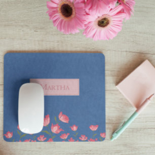 Mooie Roze Bloemen op Blauwe Aquarel Muismat