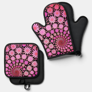 Mooie Roze Bloemen Patroon Ovenwant & Pannenlap Set