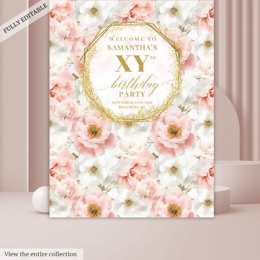 Mooie Roze Bloemen Verjaardag Foto Booth Banner Wandkleed