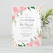 Mooie Roze Bloemige Bat Mitzvah Feest Kaart (Staand voorkant)