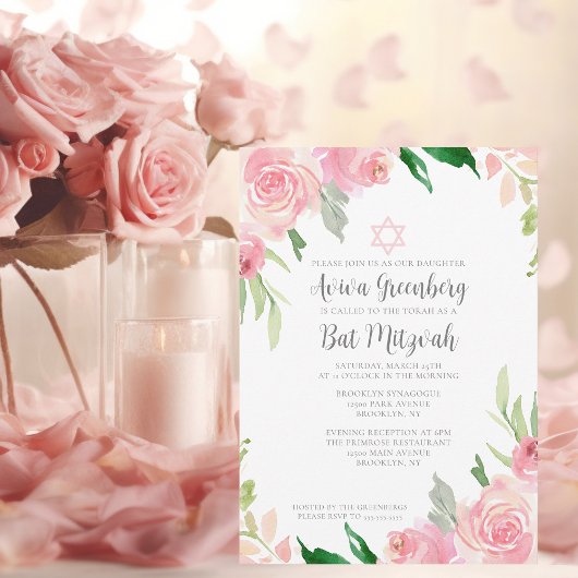 Mooie Roze Bloemige Bat Mitzvah Feest Kaart