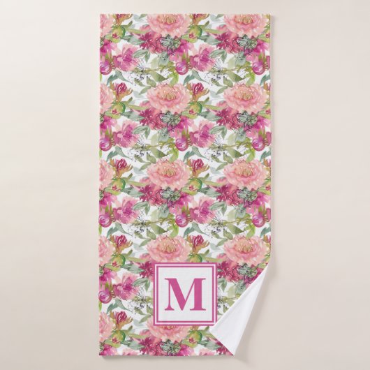 Mooie Roze Bloemige Salie Groene Bladeren Monogram Badhanddoek (Badhanddoek)