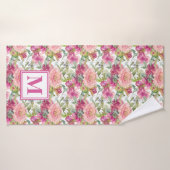 Mooie Roze Bloemige Salie Groene Bladeren Monogram Badhanddoek (Badhanddoek)