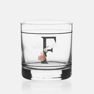 Mooie roze bloemige versierd zwart monogram F Whisky Glas